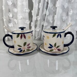 Temptations Old World Oversized Mug Sets Saucers Spoons Lids 8 Piece Handpainted